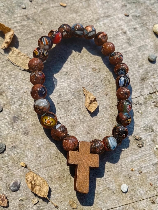 Hand Crafted Jewelry - Beaded Cross Bracelet Goldstone Millefiori